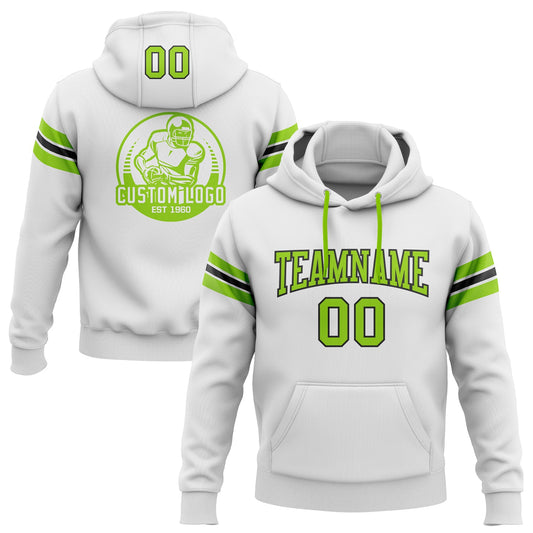 Custom Stitched White Neon Green-Black Football Pullover Sweatshirt Hoodie - Main View
