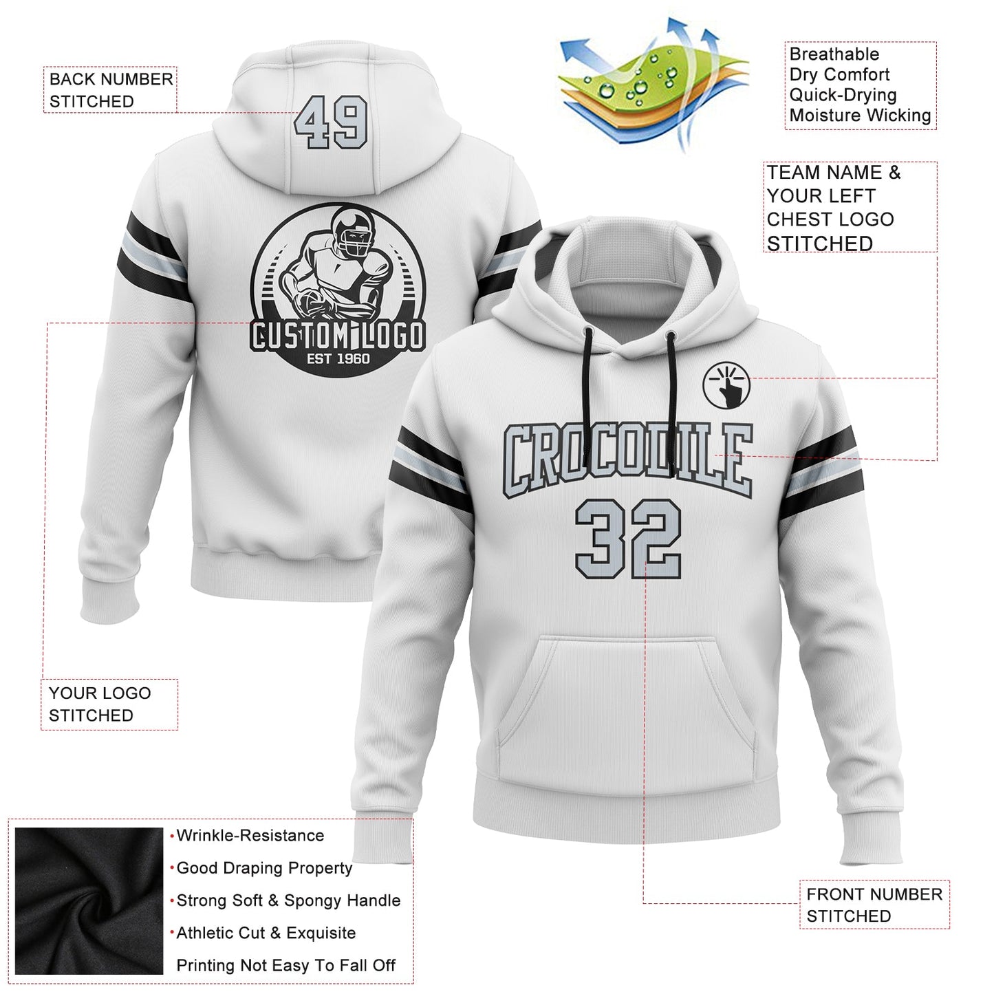 Custom Stitched White Silver-Black Football Pullover Sweatshirt Hoodie view 2
