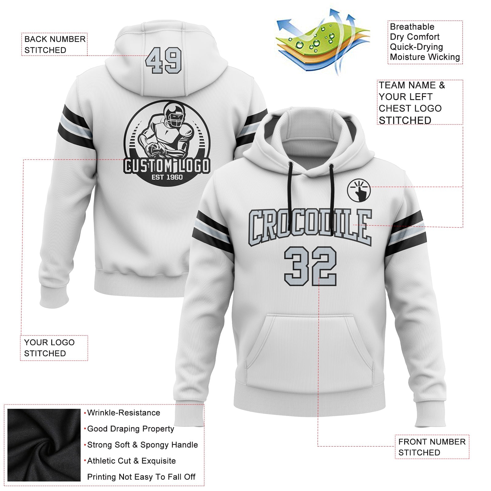 Custom Stitched White Silver-Black Football Pullover Sweatshirt Hoodie view 2