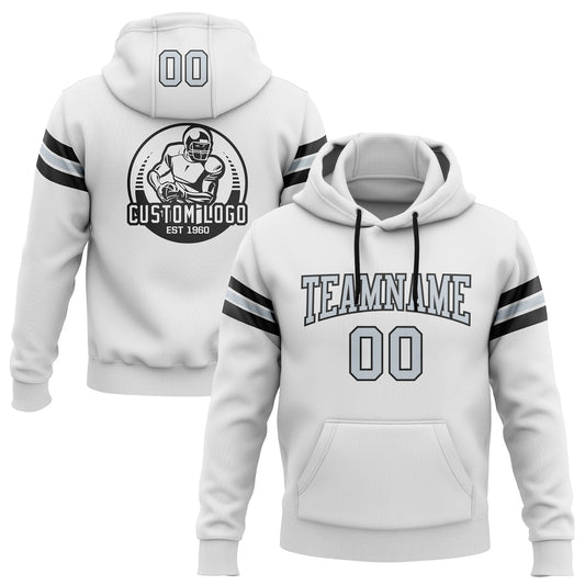 Custom Stitched White Silver-Black Football Pullover Sweatshirt Hoodie - Main View