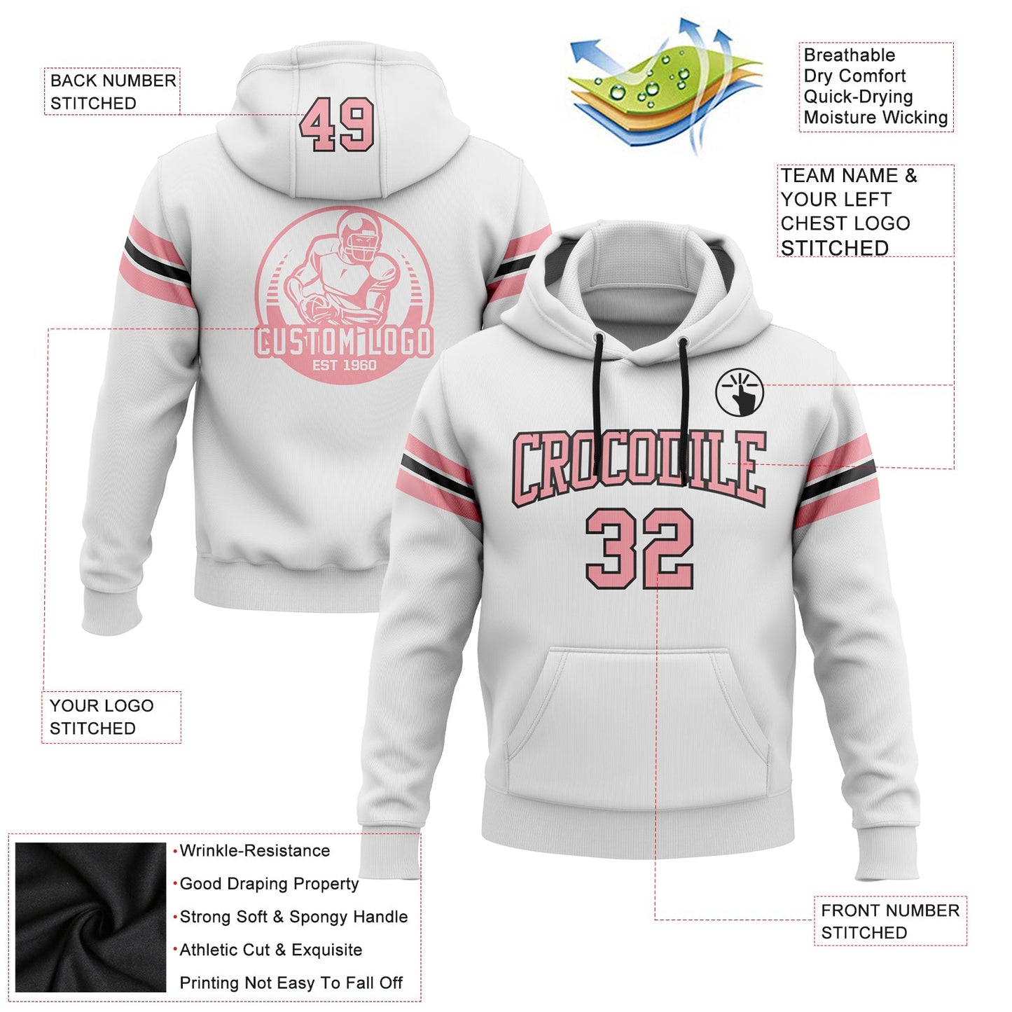 Custom Stitched White Medium Pink-Black Football Pullover Sweatshirt Hoodie view 2