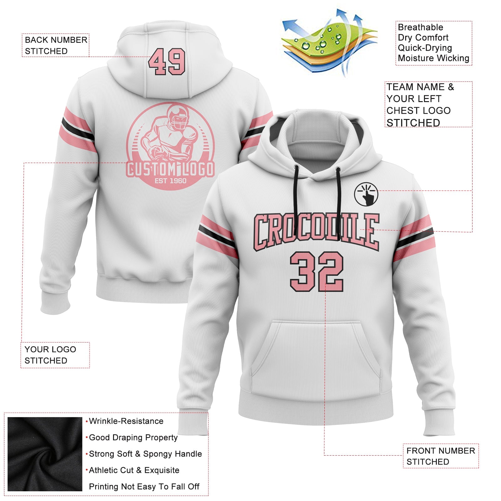 Custom Stitched White Medium Pink-Black Football Pullover Sweatshirt Hoodie view 2