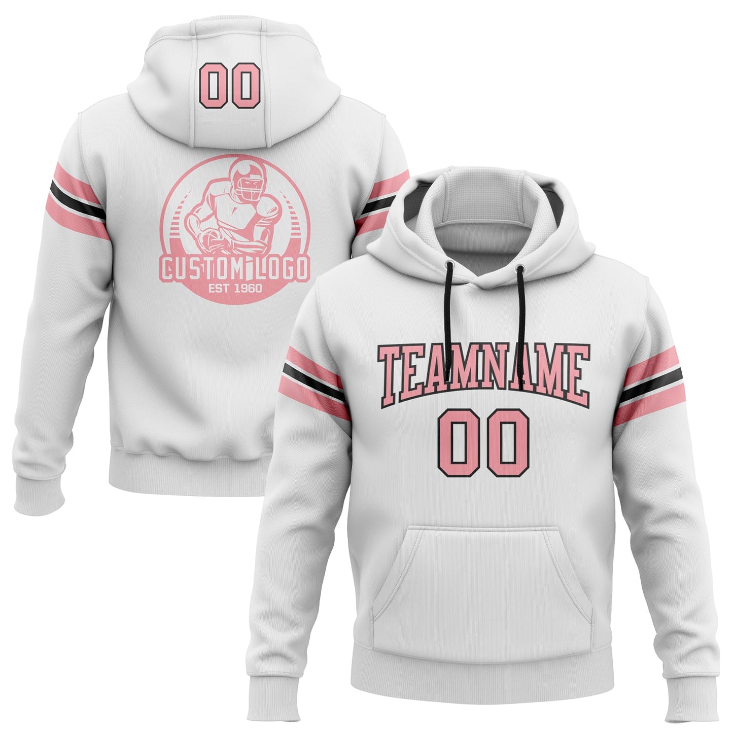 Custom Stitched White Medium Pink-Black Football Pullover Sweatshirt Hoodie - Main View