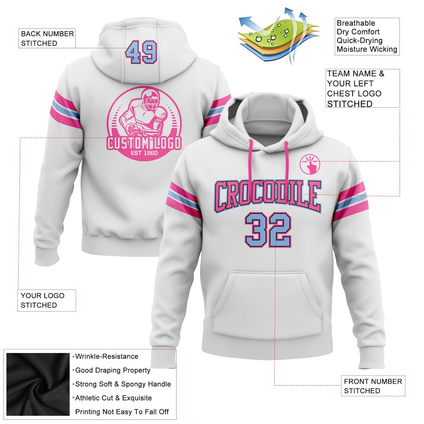 Custom Stitched White Light Blue Black-Pink Football Pullover Sweatshirt Hoodie view 2