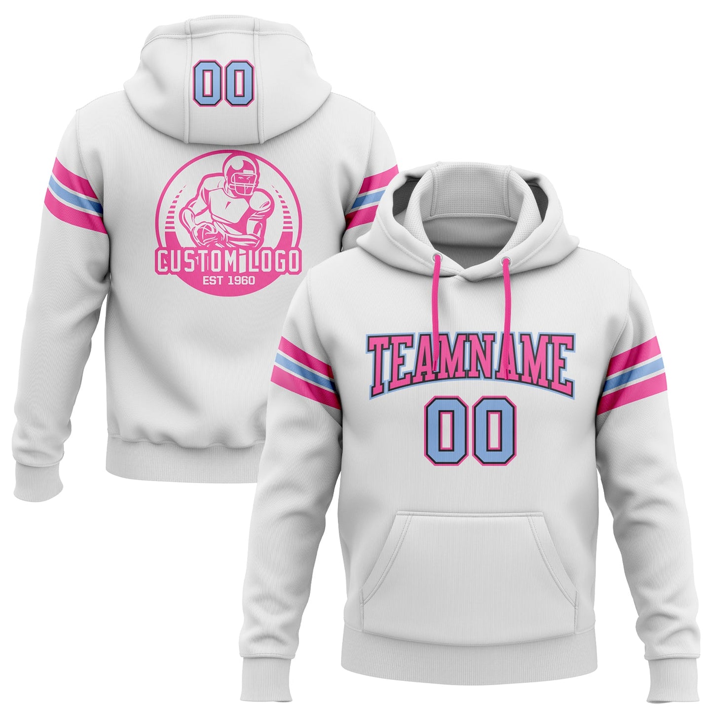 Custom Stitched White Light Blue Black-Pink Football Pullover Sweatshirt Hoodie - Main View