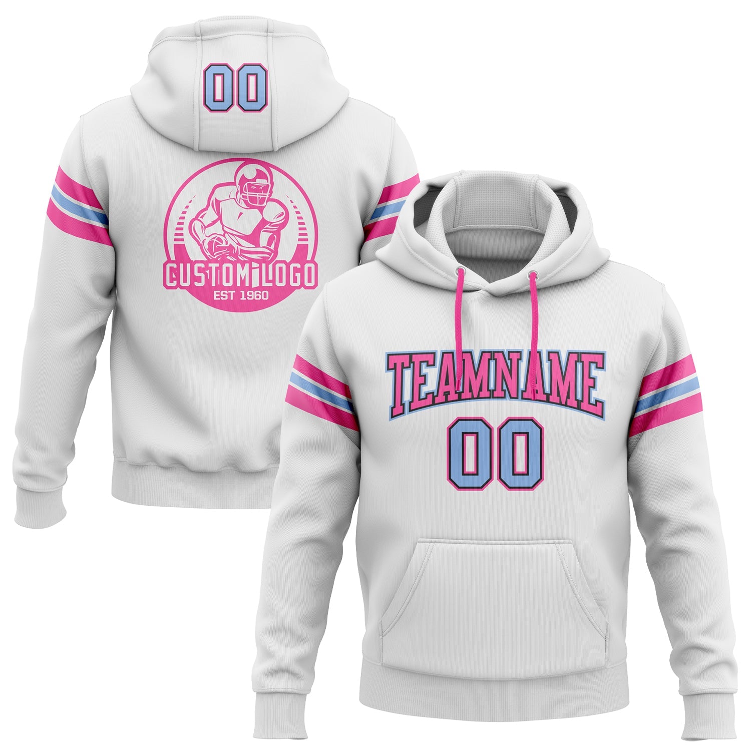 Custom Stitched White Light Blue Black-Pink Football Pullover Sweatshirt Hoodie - Main View