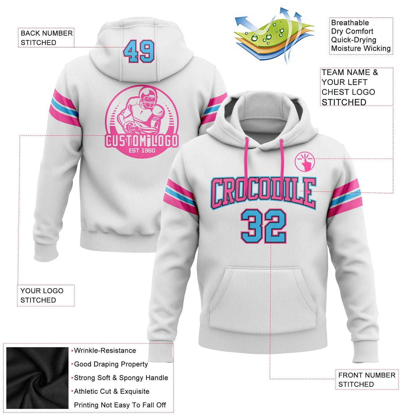 Custom Stitched White Sky Blue Black-Pink Football Pullover Sweatshirt Hoodie view 2