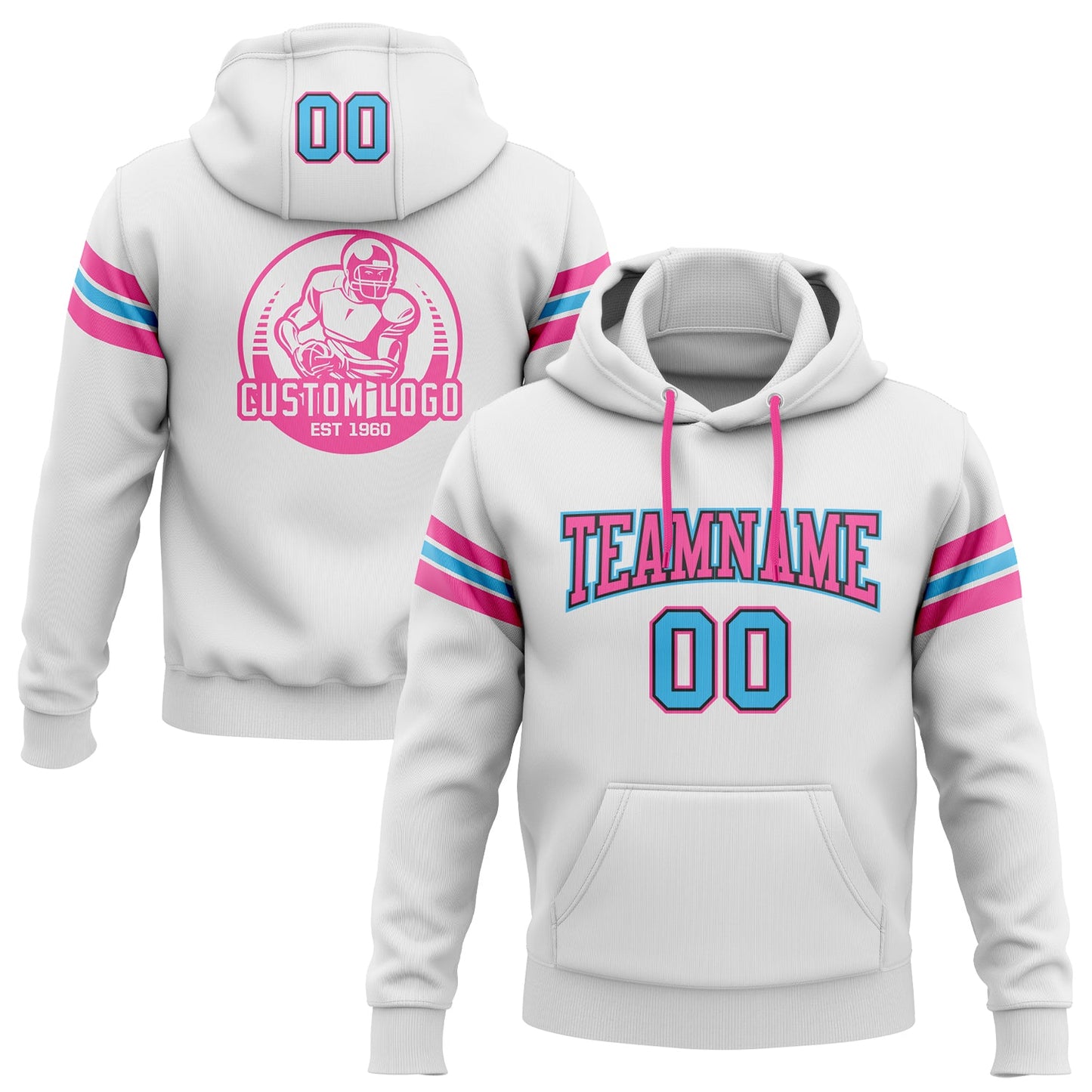 Custom Stitched White Sky Blue Black-Pink Football Pullover Sweatshirt Hoodie - Main View