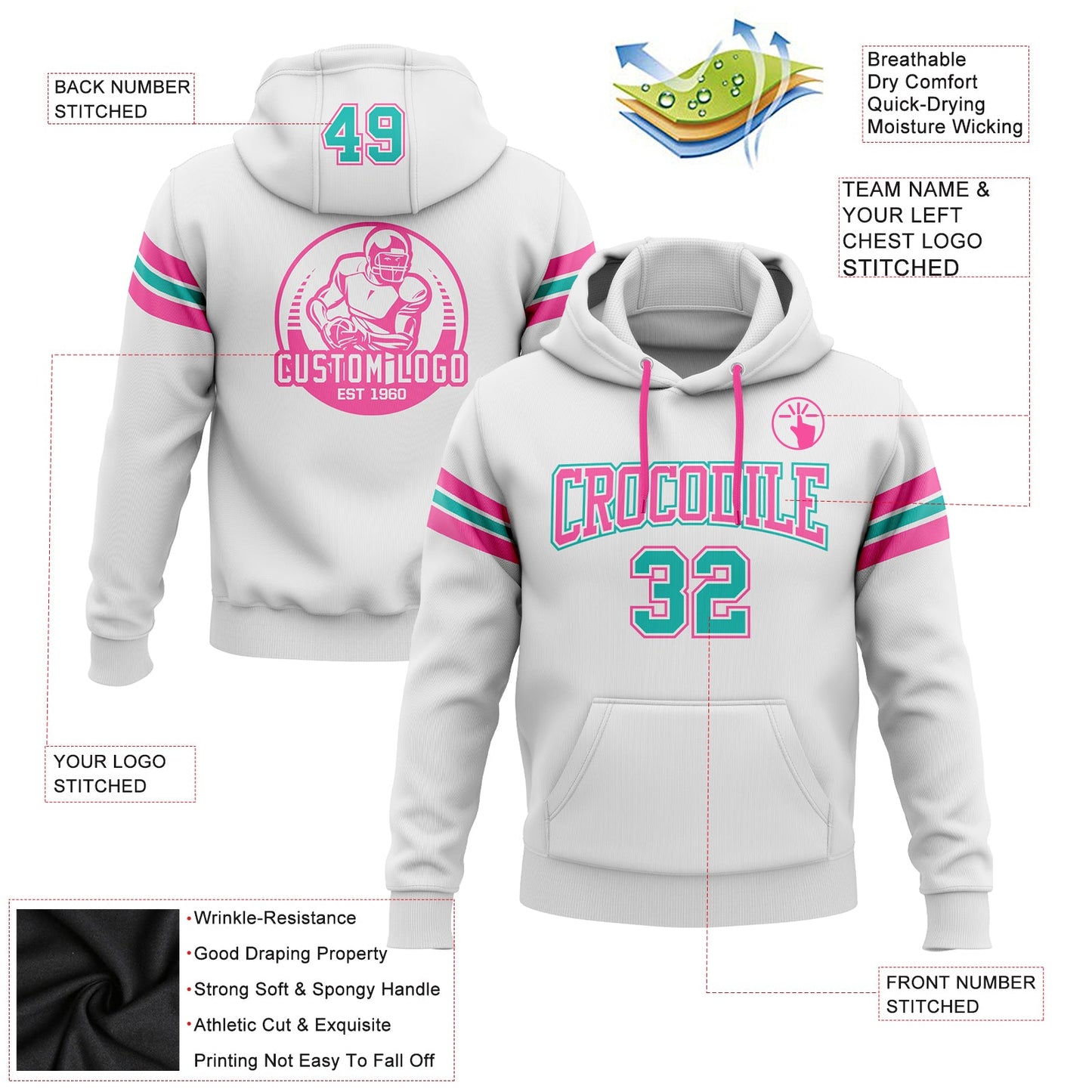 Custom Stitched White Aqua-Pink Football Pullover Sweatshirt Hoodie view 2