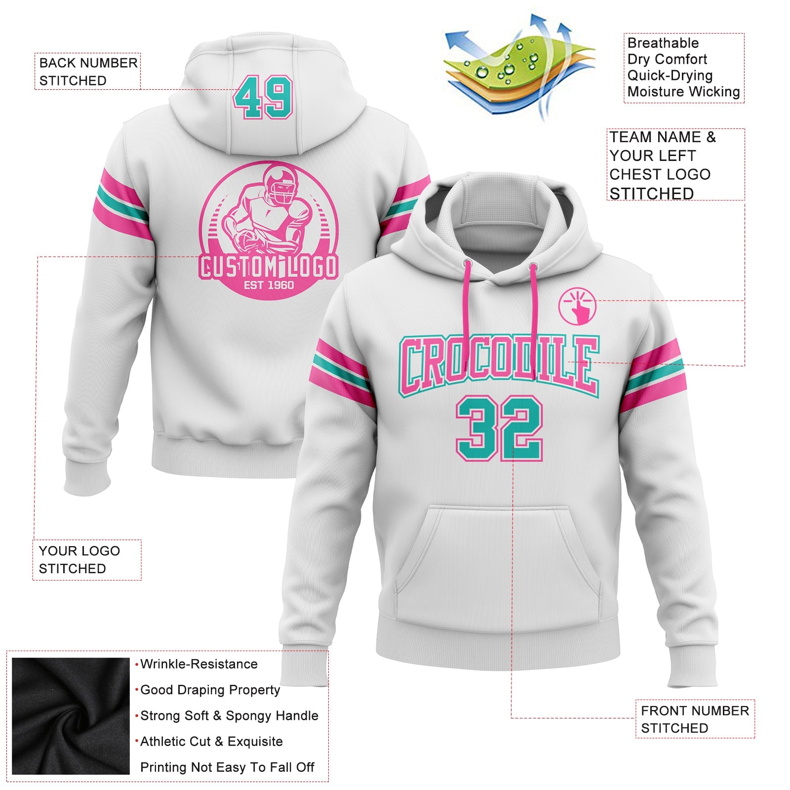Custom Stitched White Aqua-Pink Football Pullover Sweatshirt Hoodie view 2