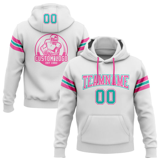 Custom Stitched White Aqua-Pink Football Pullover Sweatshirt Hoodie - Main View