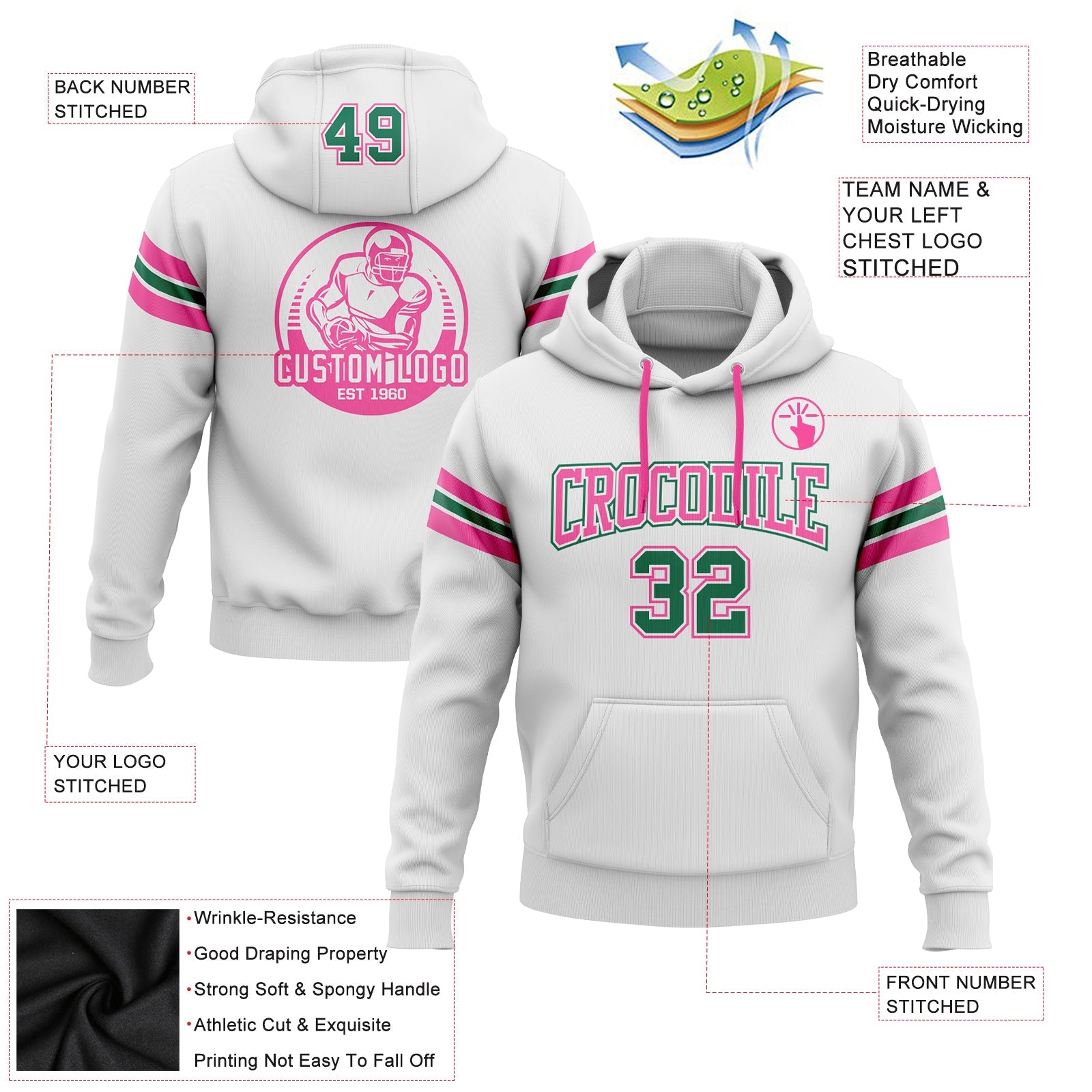 Custom Stitched White Kelly Green-Pink Football Pullover Sweatshirt Hoodie view 2