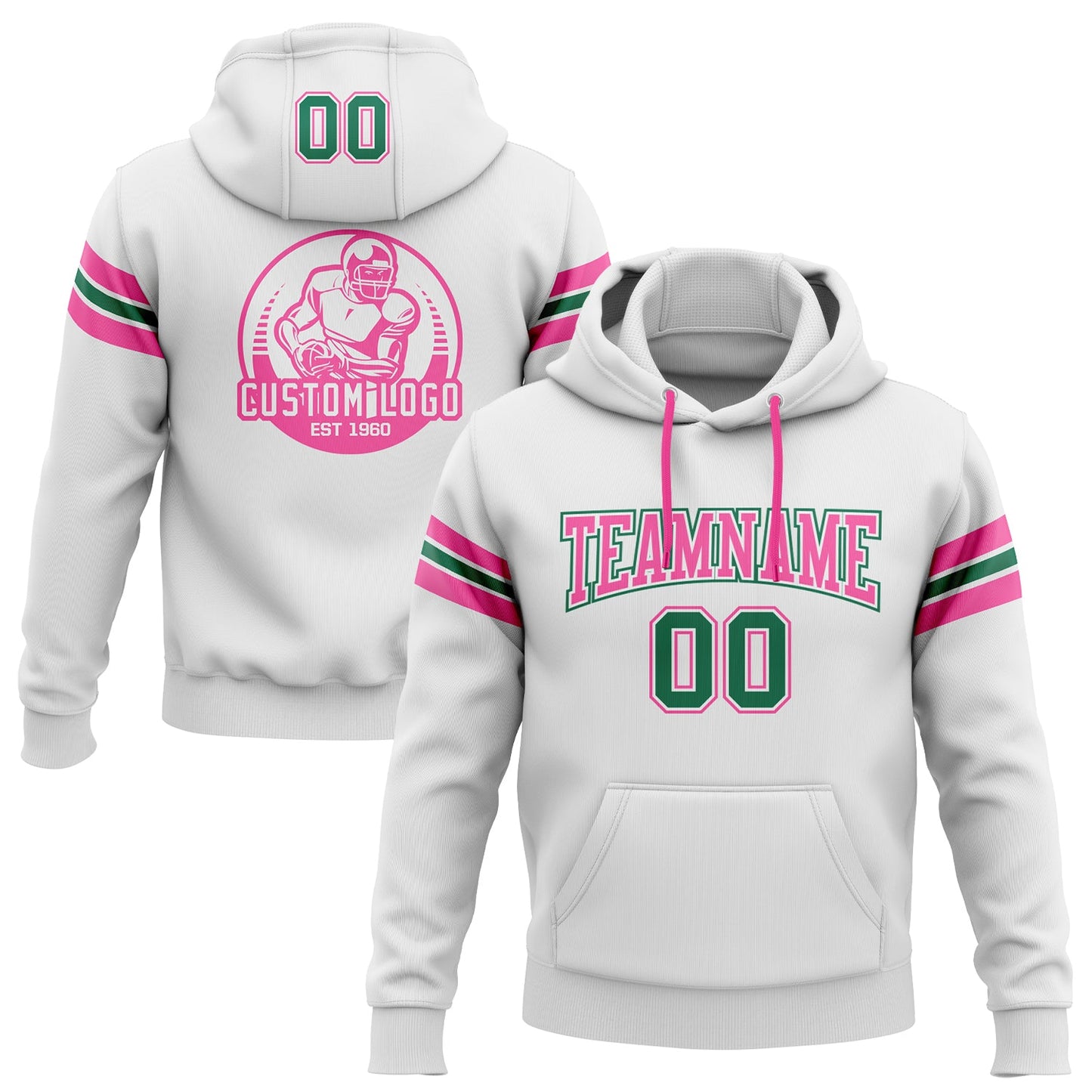 Custom Stitched White Kelly Green-Pink Football Pullover Sweatshirt Hoodie - Main View