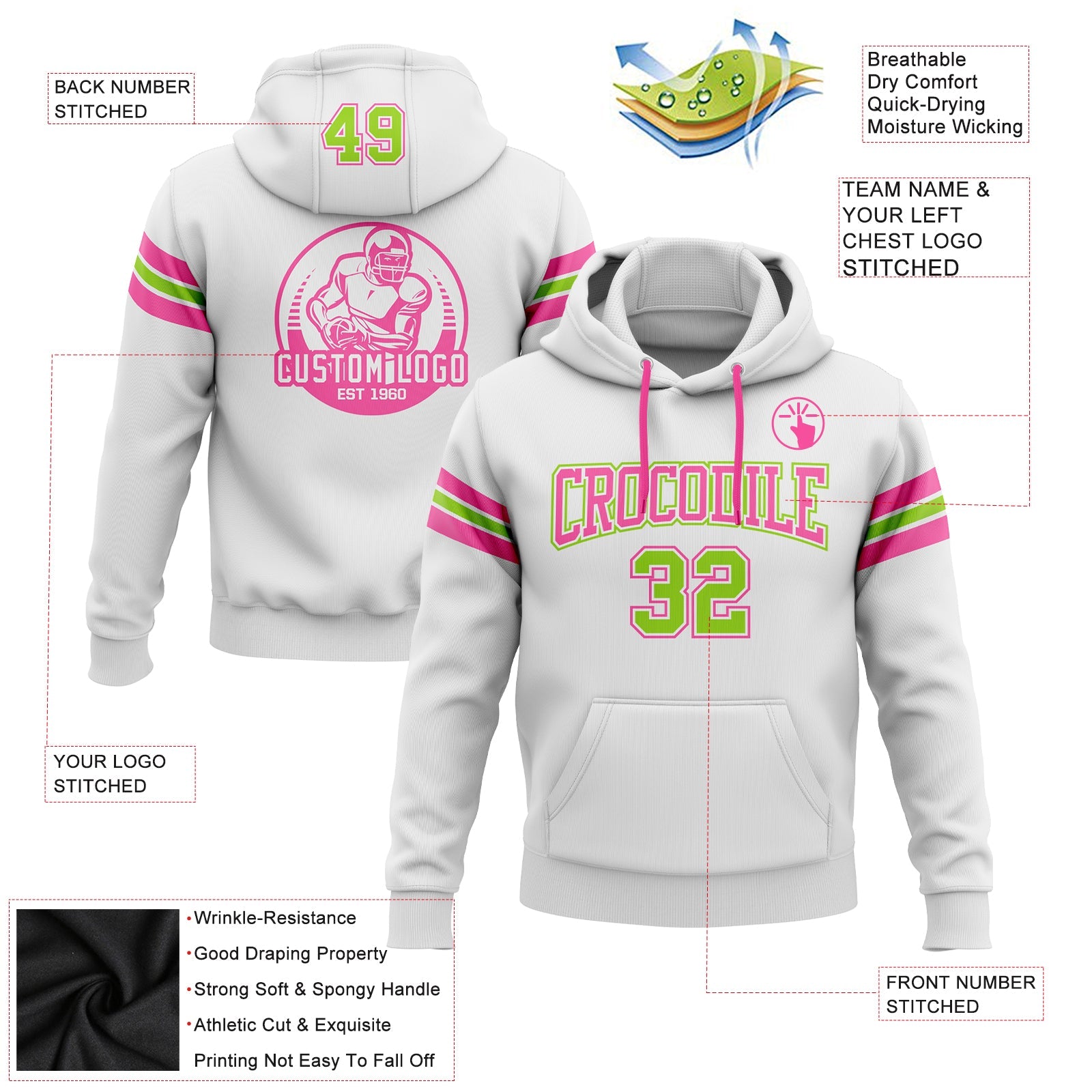 Custom Stitched White Neon Green-Pink Football Pullover Sweatshirt Hoodie view 2