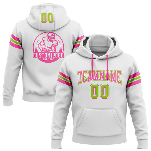 Custom Stitched White Neon Green-Pink Football Pullover Sweatshirt Hoodie - Main View