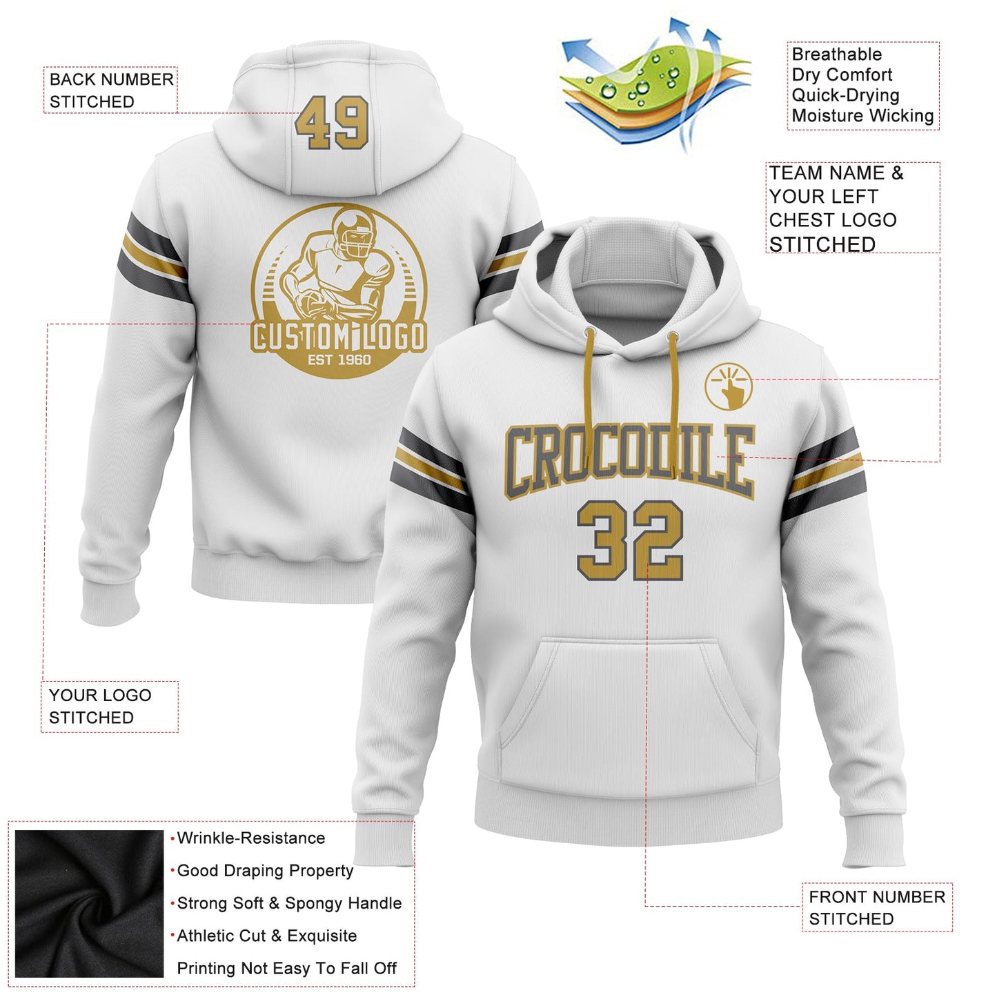Custom Stitched White Old Gold-Steel Gray Football Pullover Sweatshirt Hoodie view 2