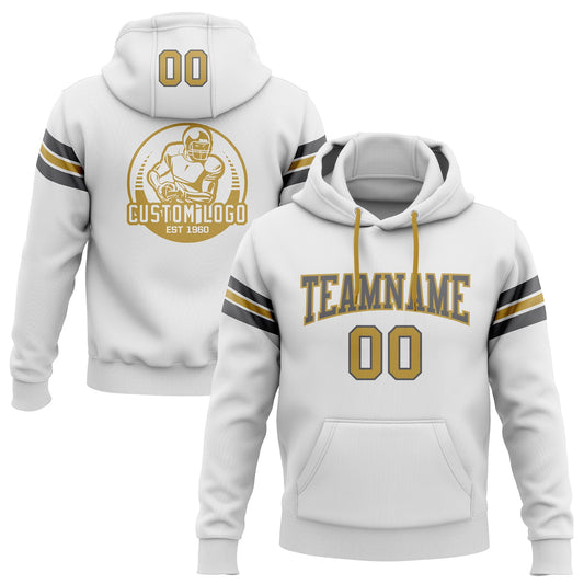 Custom Stitched White Old Gold-Steel Gray Football Pullover Sweatshirt Hoodie - Main View