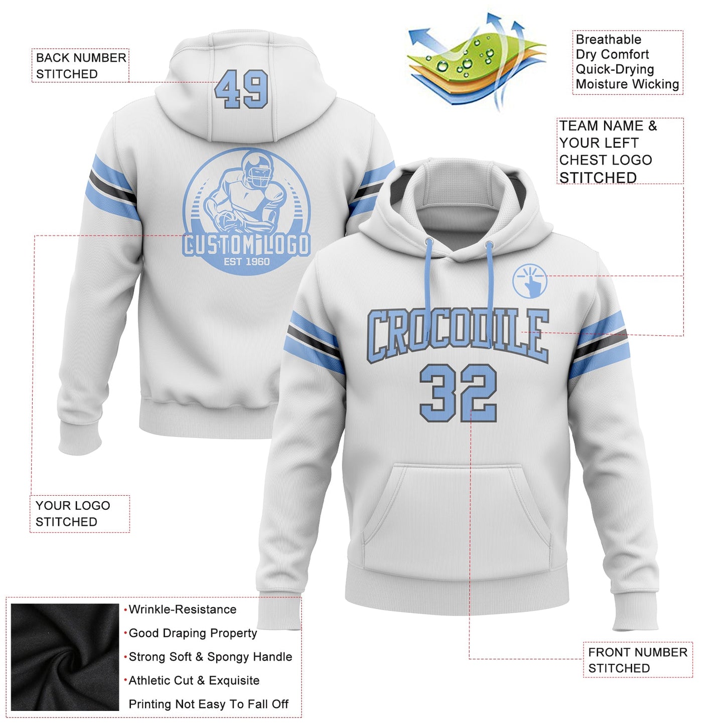 Custom Stitched White Light Blue-Steel Gray Football Pullover Sweatshirt Hoodie view 2