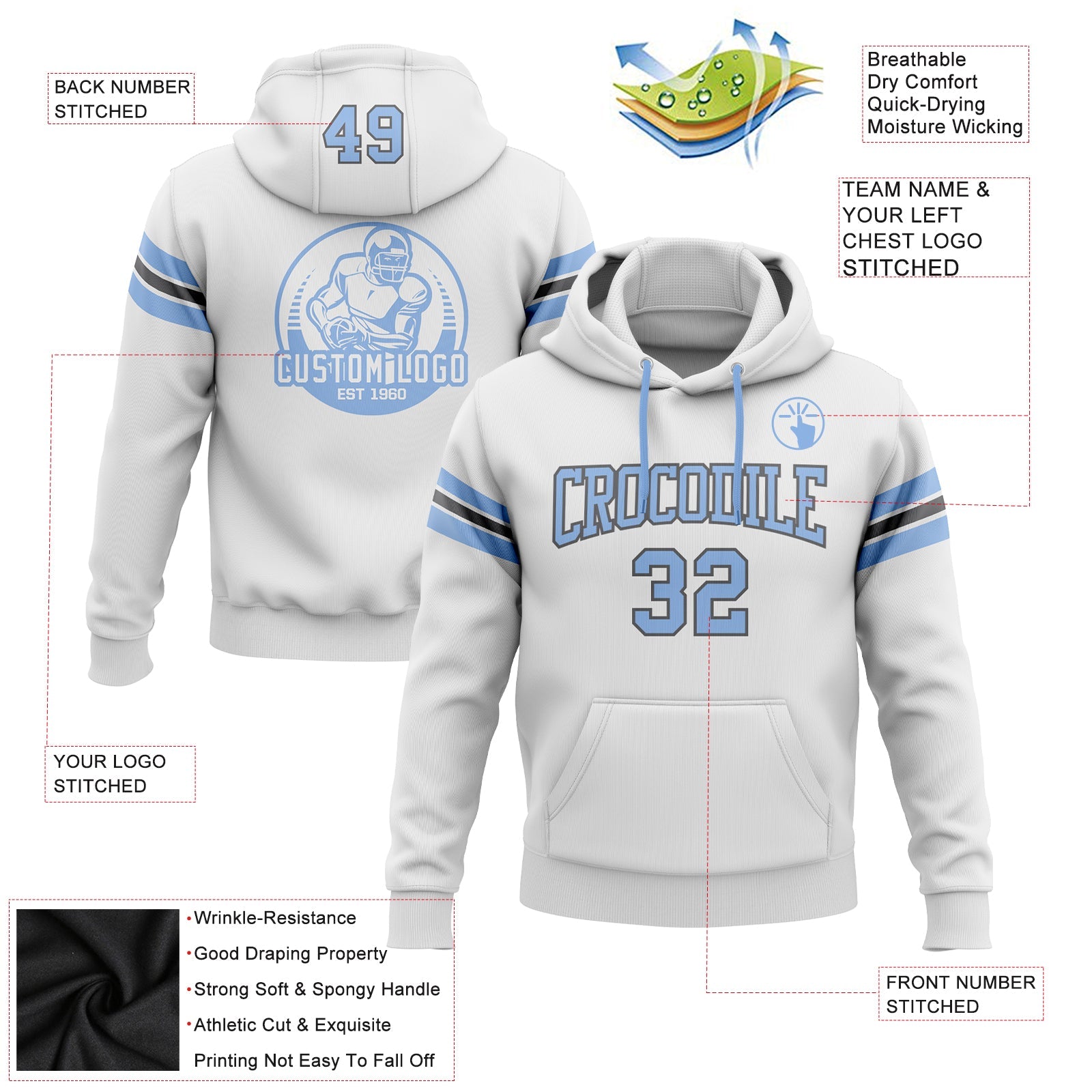 Custom Stitched White Light Blue-Steel Gray Football Pullover Sweatshirt Hoodie view 2