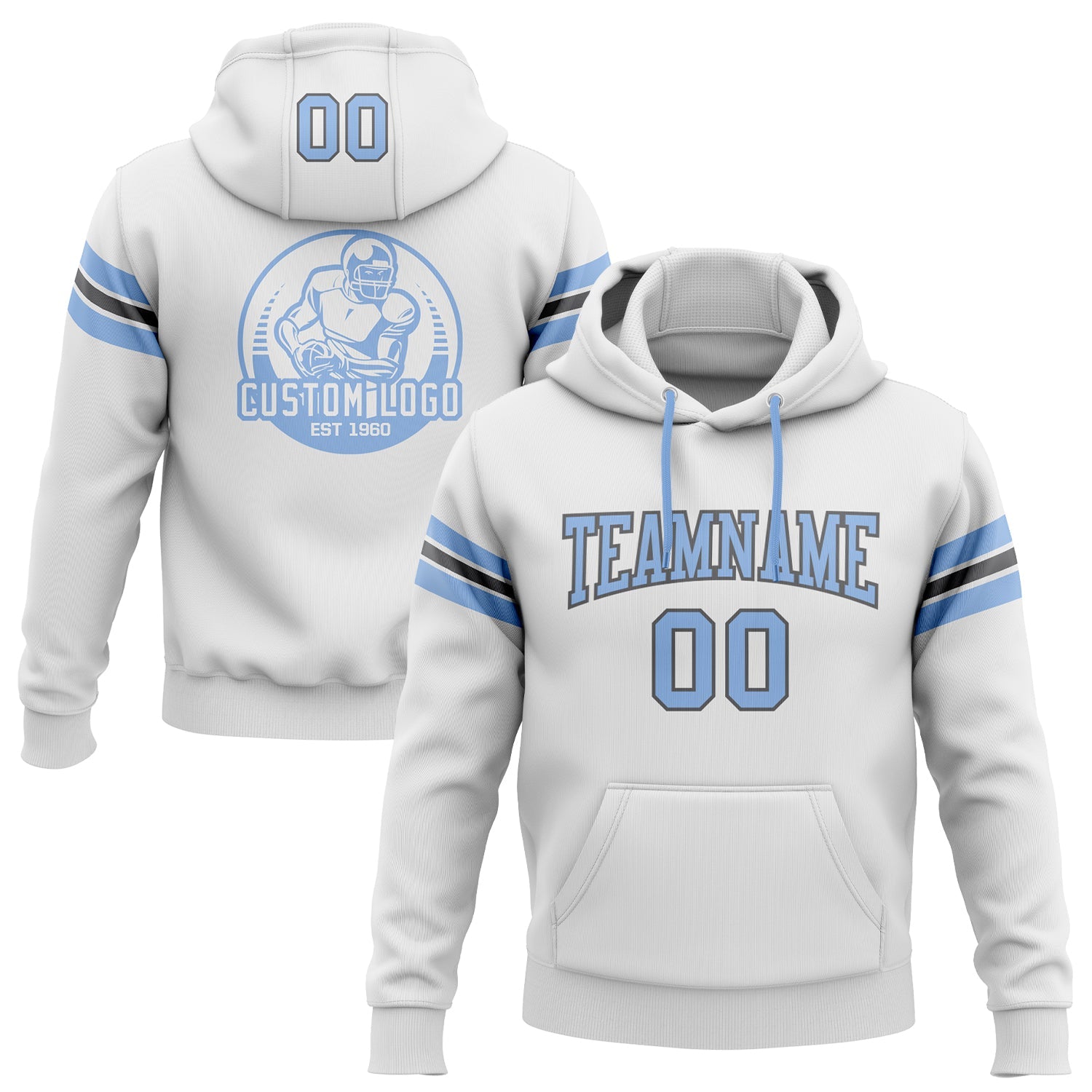 Custom Stitched White Light Blue-Steel Gray Football Pullover Sweatshirt Hoodie - Main View