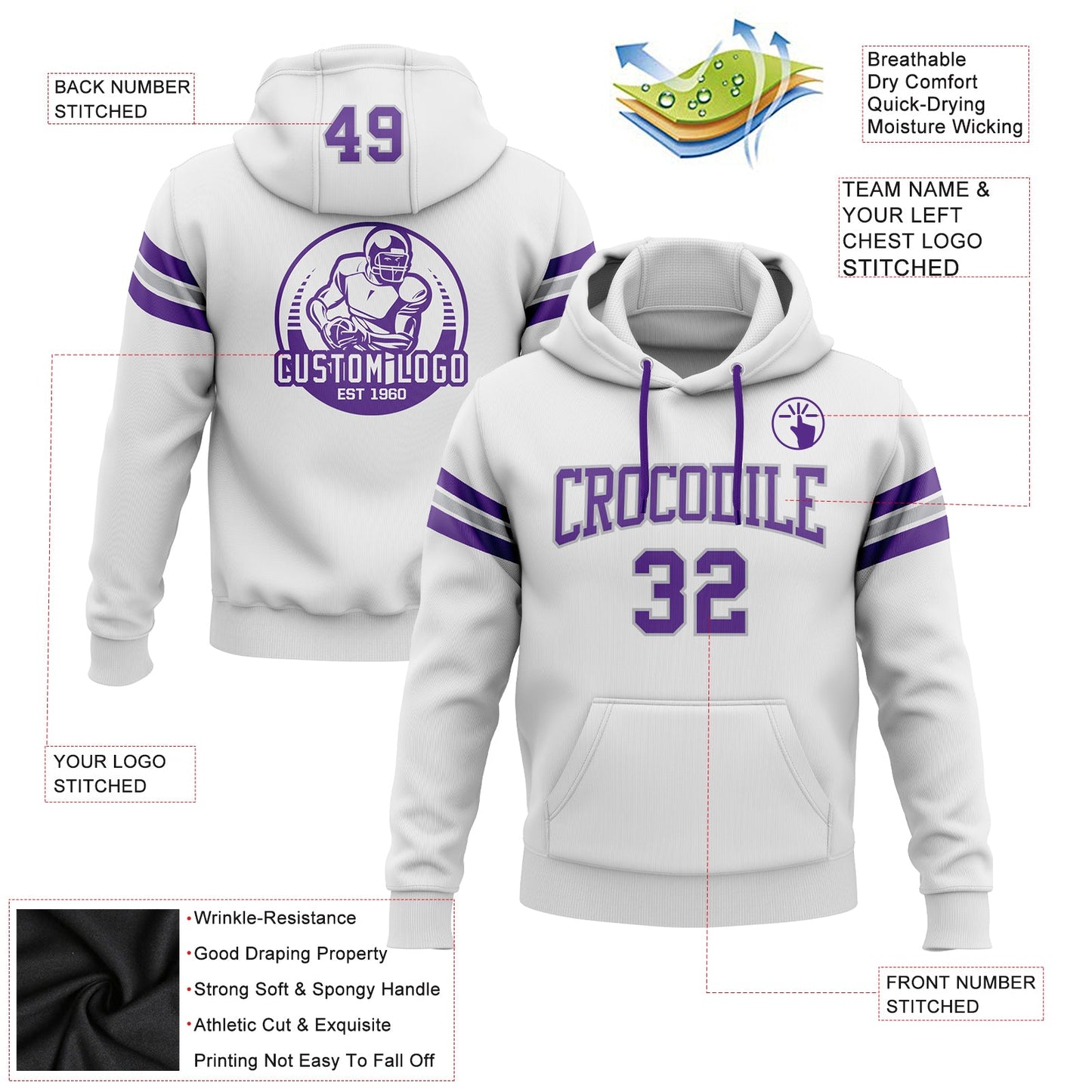 Custom Stitched White Purple-Gray Football Pullover Sweatshirt Hoodie view 2