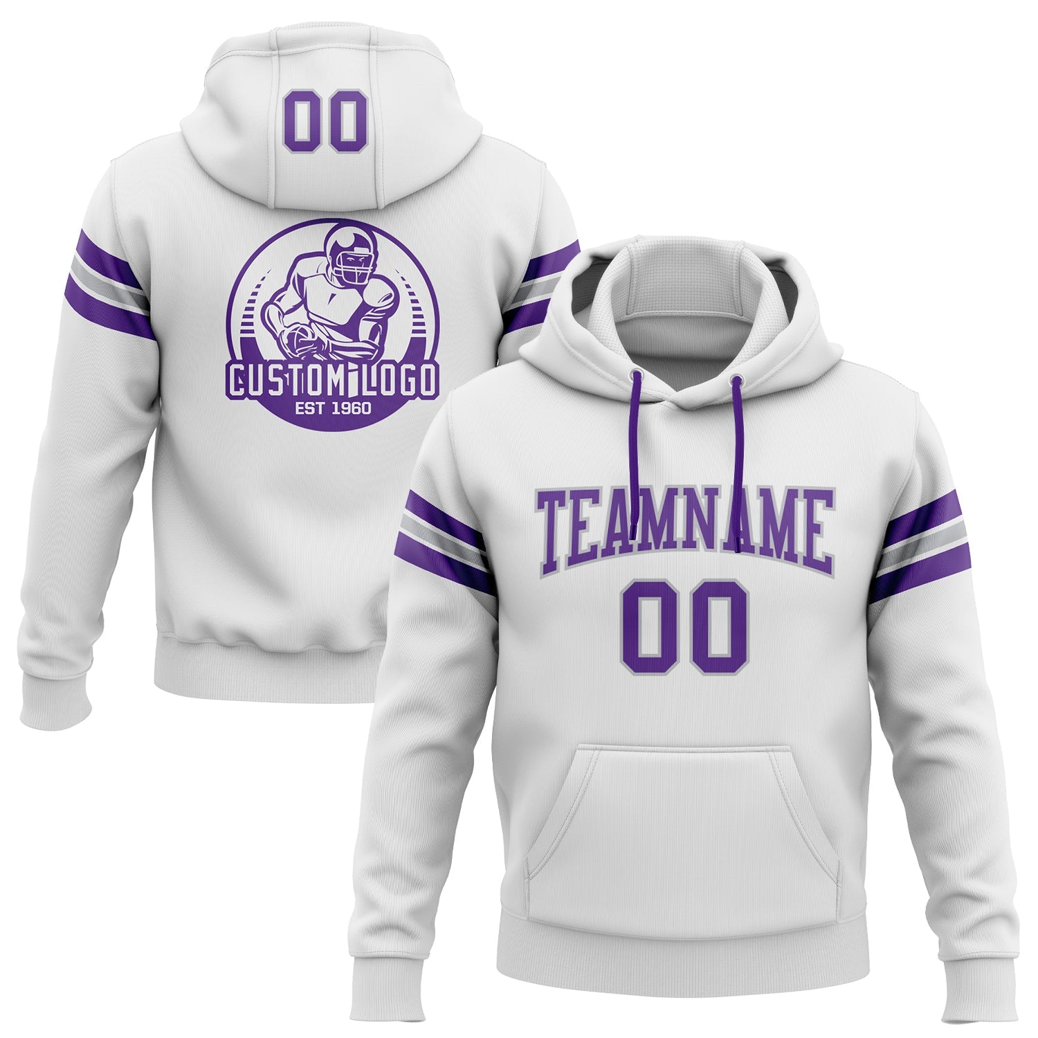 Custom Stitched White Purple-Gray Football Pullover Sweatshirt Hoodie - Main View