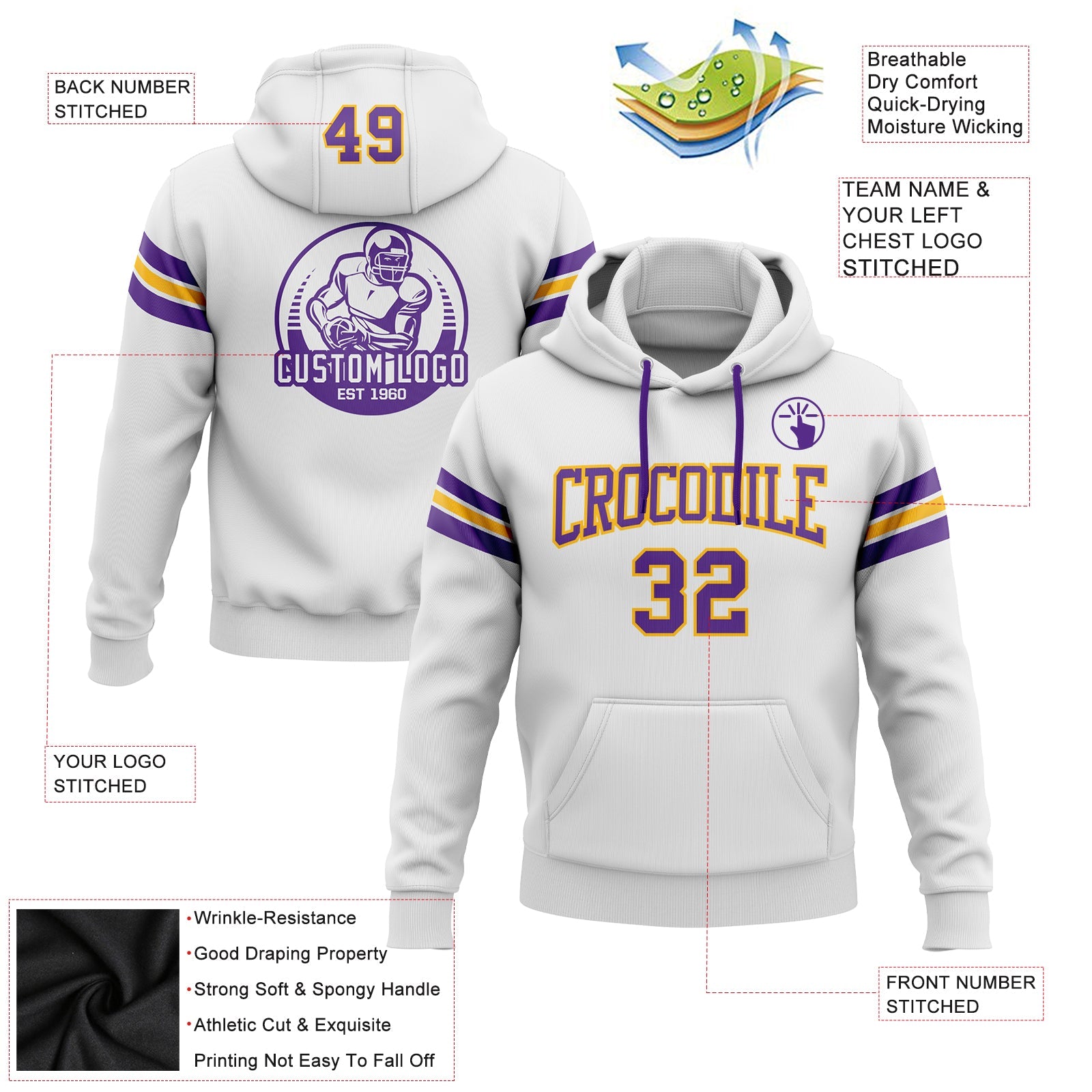 Custom Stitched White Purple-Gold Football Pullover Sweatshirt Hoodie view 2