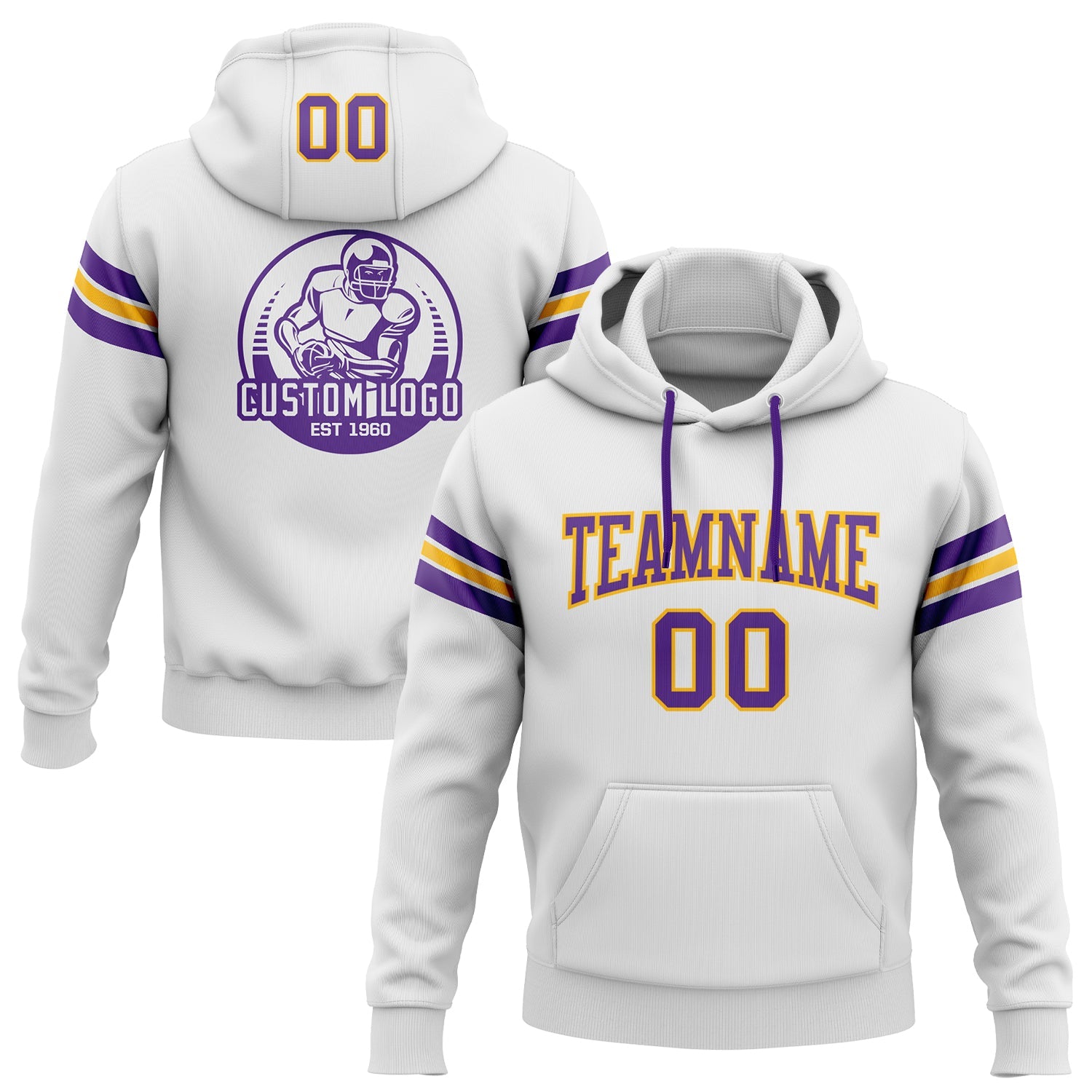 Custom Stitched White Purple-Gold Football Pullover Sweatshirt Hoodie - Main View