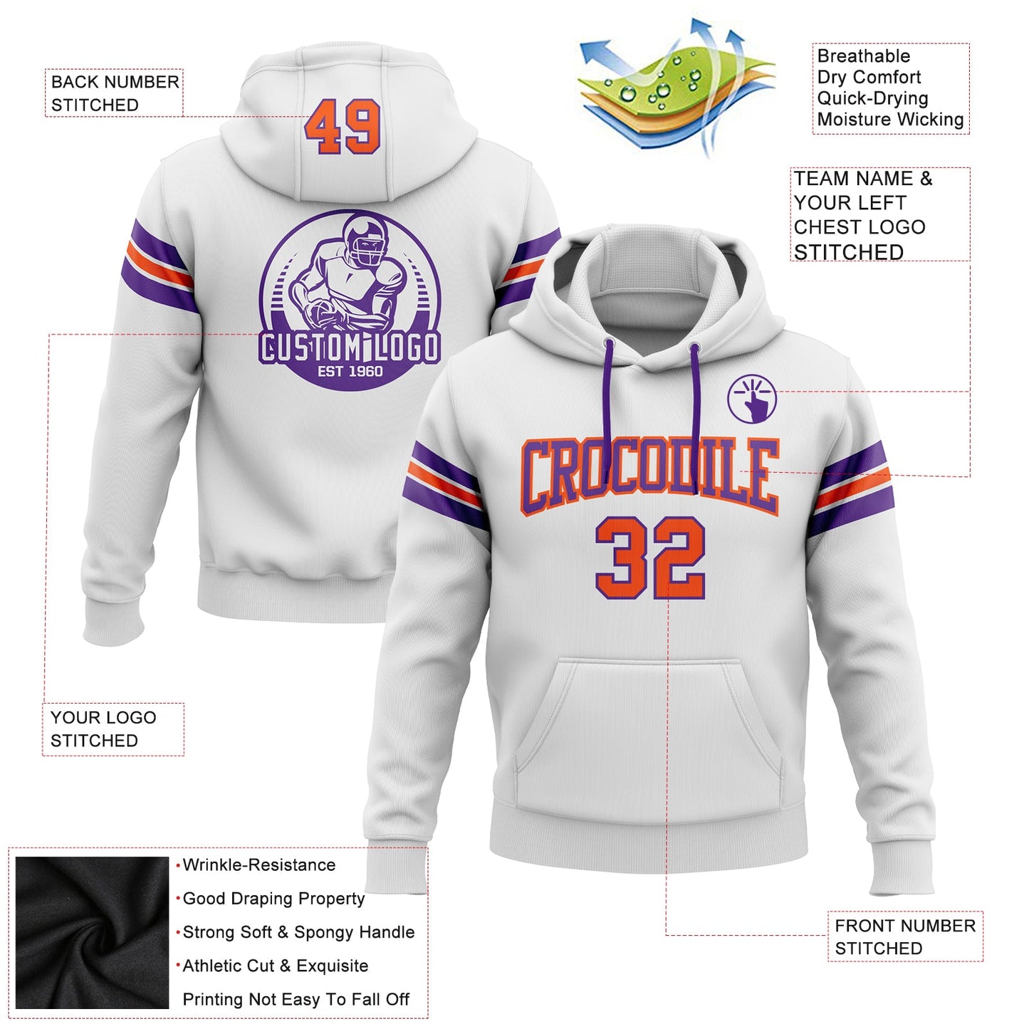 Custom Stitched White Orange-Purple Football Pullover Sweatshirt Hoodie view 2