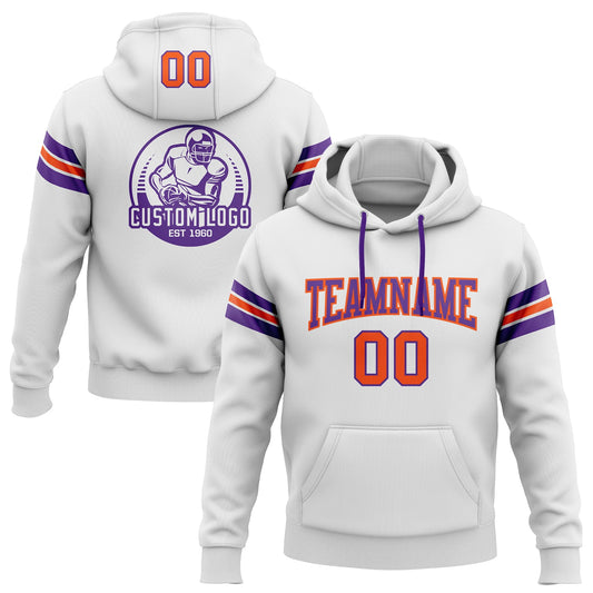 Custom Stitched White Orange-Purple Football Pullover Sweatshirt Hoodie - Main View