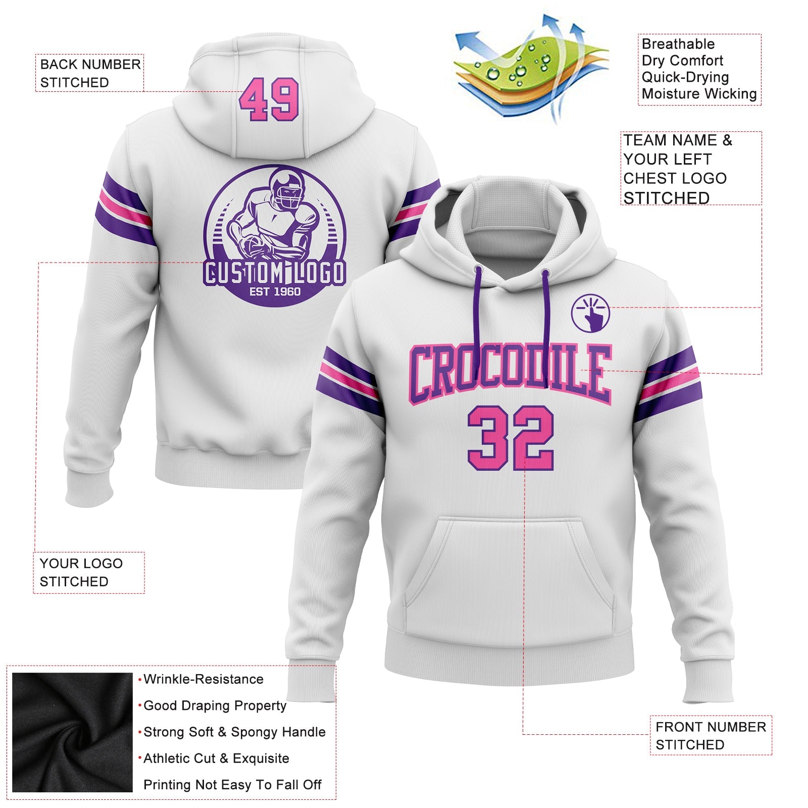 Custom Stitched White Pink-Purple Football Pullover Sweatshirt Hoodie view 2