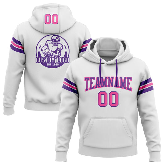 Custom Stitched White Pink-Purple Football Pullover Sweatshirt Hoodie - Main View