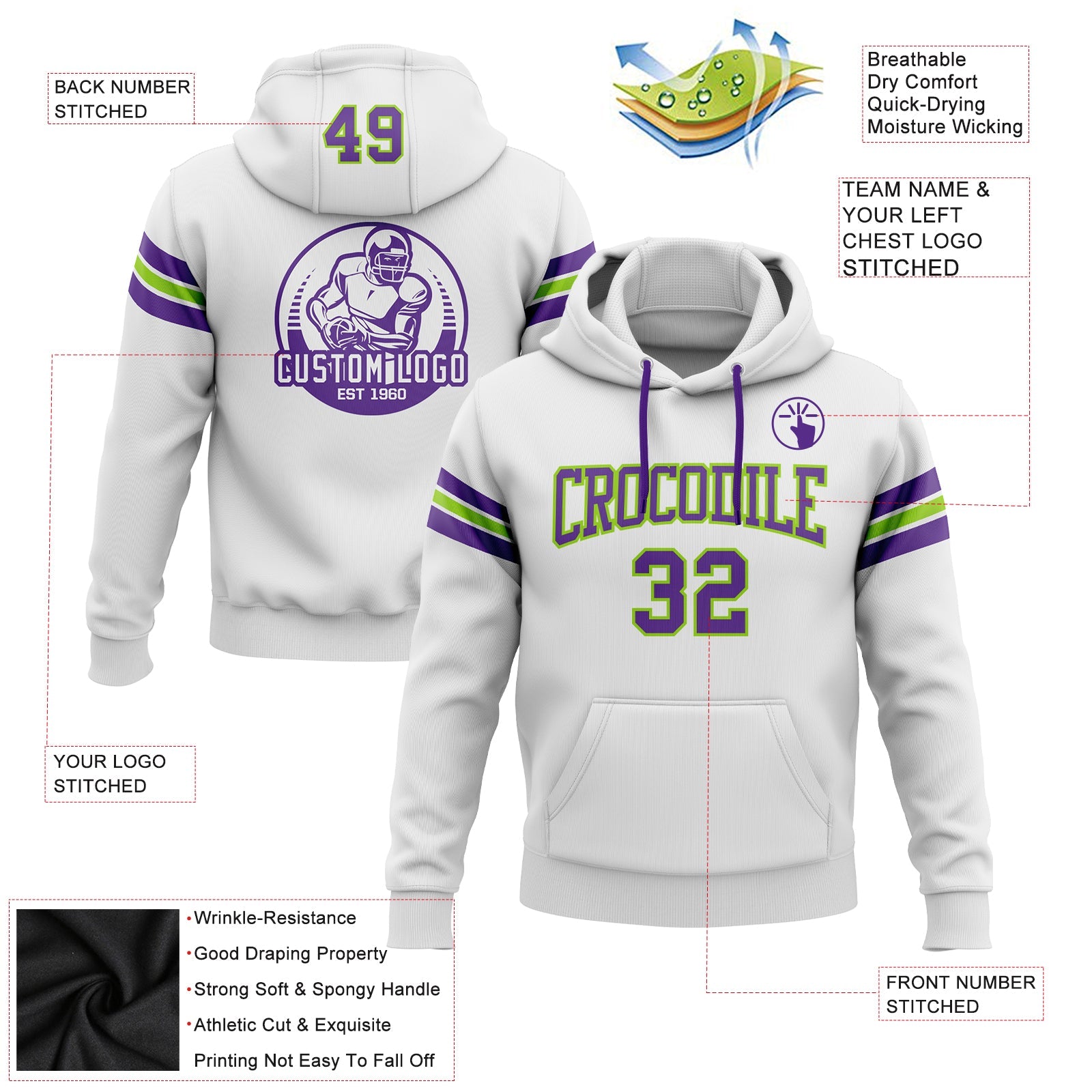 Custom Stitched White Purple-Neon Green Football Pullover Sweatshirt Hoodie view 2