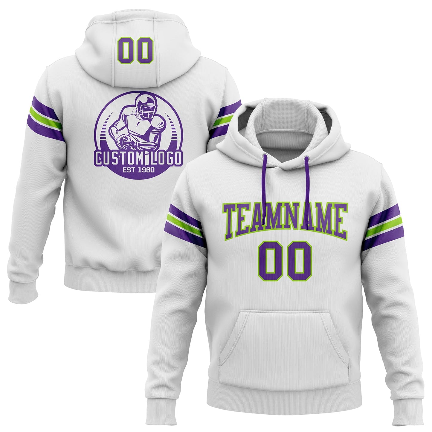 Custom Stitched White Purple-Neon Green Football Pullover Sweatshirt Hoodie - Main View