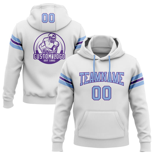 Custom Stitched White Light Blue-Purple Football Pullover Sweatshirt Hoodie - Main View