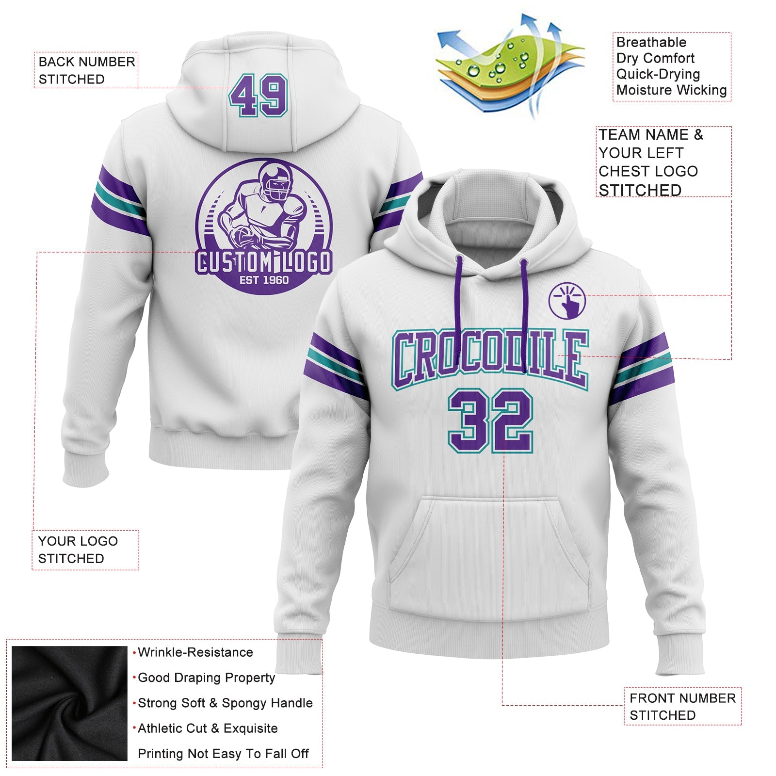 Custom Stitched White Purple-Teal Football Pullover Sweatshirt Hoodie view 2