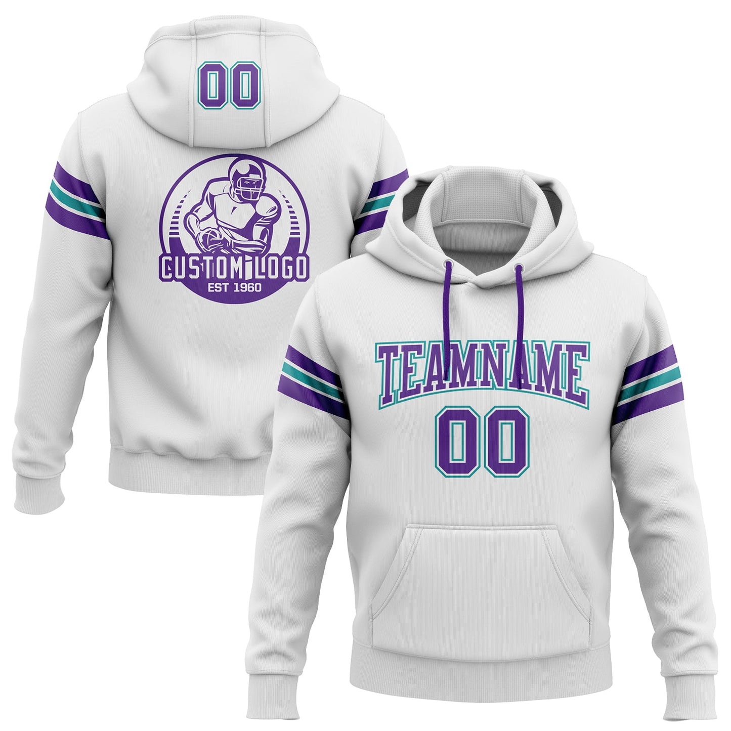 Custom Stitched White Purple-Teal Football Pullover Sweatshirt Hoodie - Main View