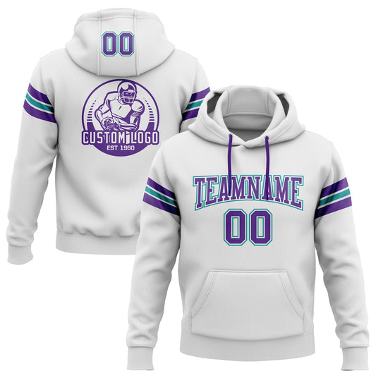 Custom Stitched White Purple-Teal Football Pullover Sweatshirt Hoodie - Main View