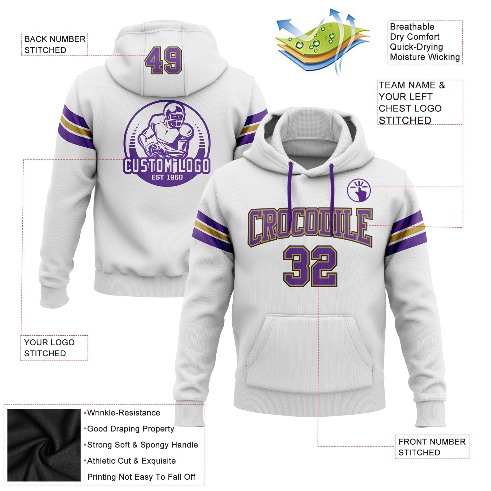 Custom Stitched White Purple Old Gold-Black Football Pullover Sweatshirt Hoodie view 2