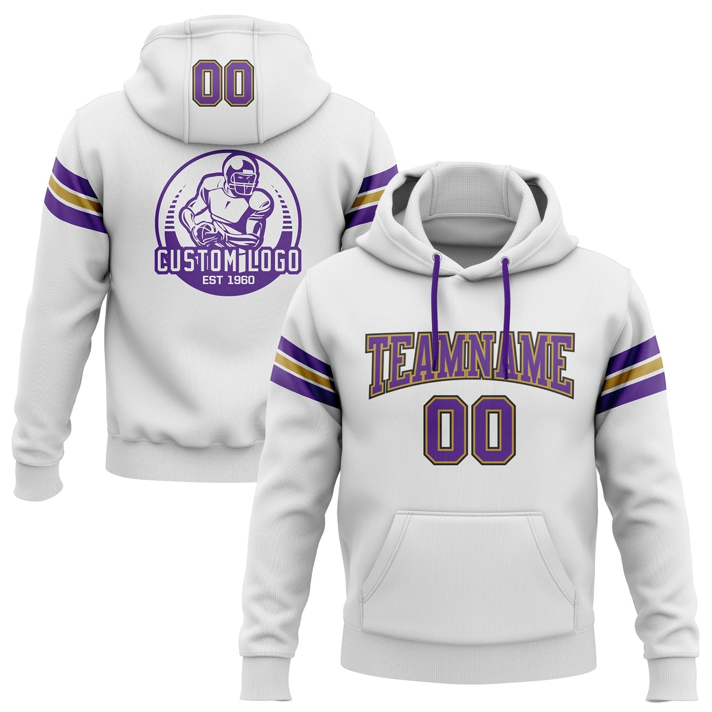 Custom Stitched White Purple Old Gold-Black Football Pullover Sweatshirt Hoodie - Main View