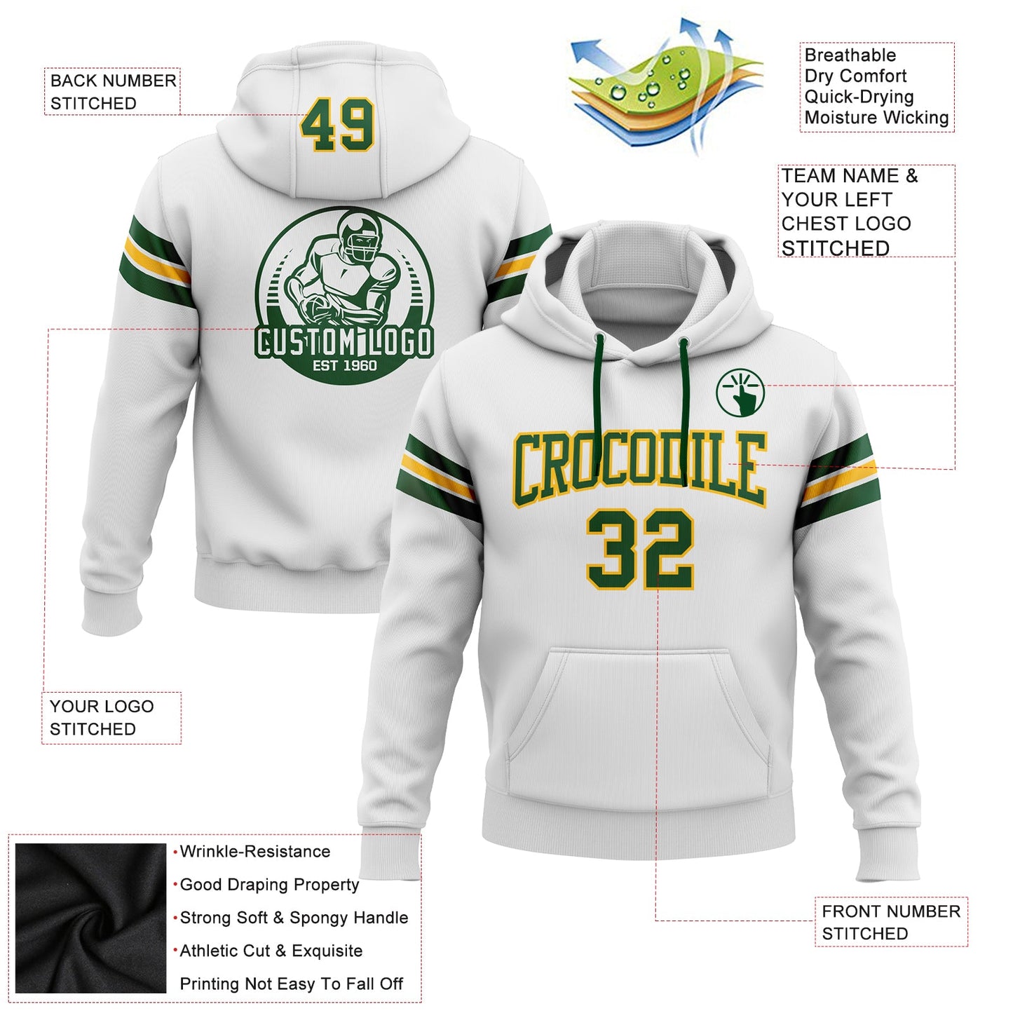 Custom Stitched White Green-Gold Football Pullover Sweatshirt Hoodie view 2