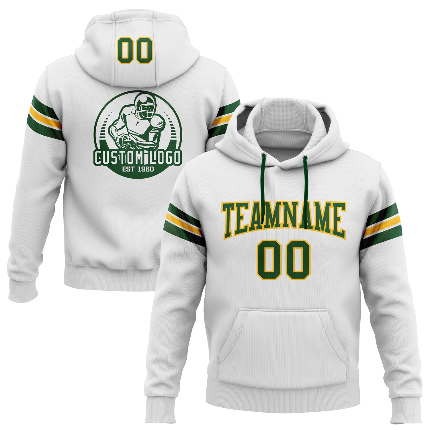 Custom Stitched White Green-Gold Football Pullover Sweatshirt Hoodie - Main View