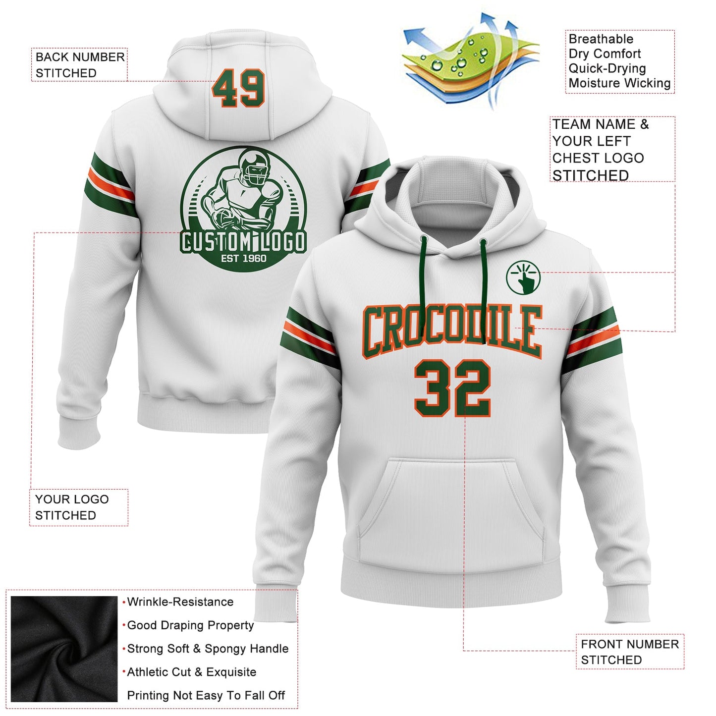 Custom Stitched White Green-Orange Football Pullover Sweatshirt Hoodie view 2