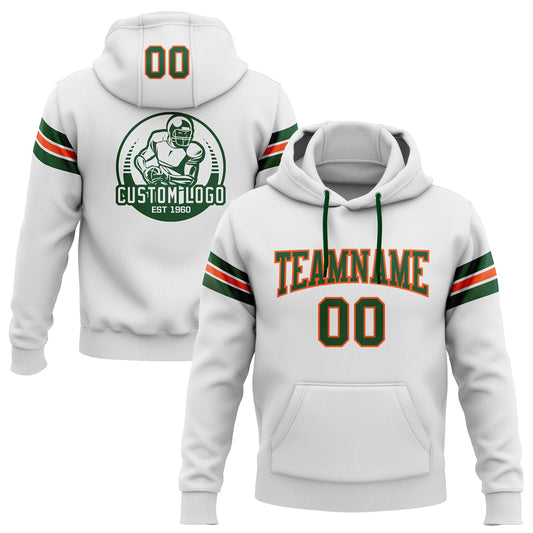 Custom Stitched White Green-Orange Football Pullover Sweatshirt Hoodie - Main View