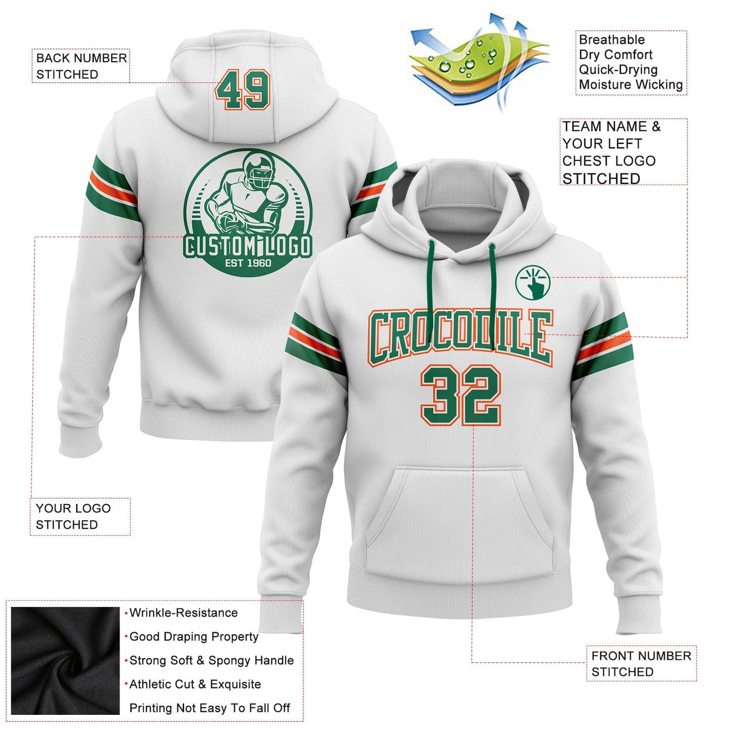 Custom Stitched White Kelly Green-Orange Football Pullover Sweatshirt Hoodie view 2