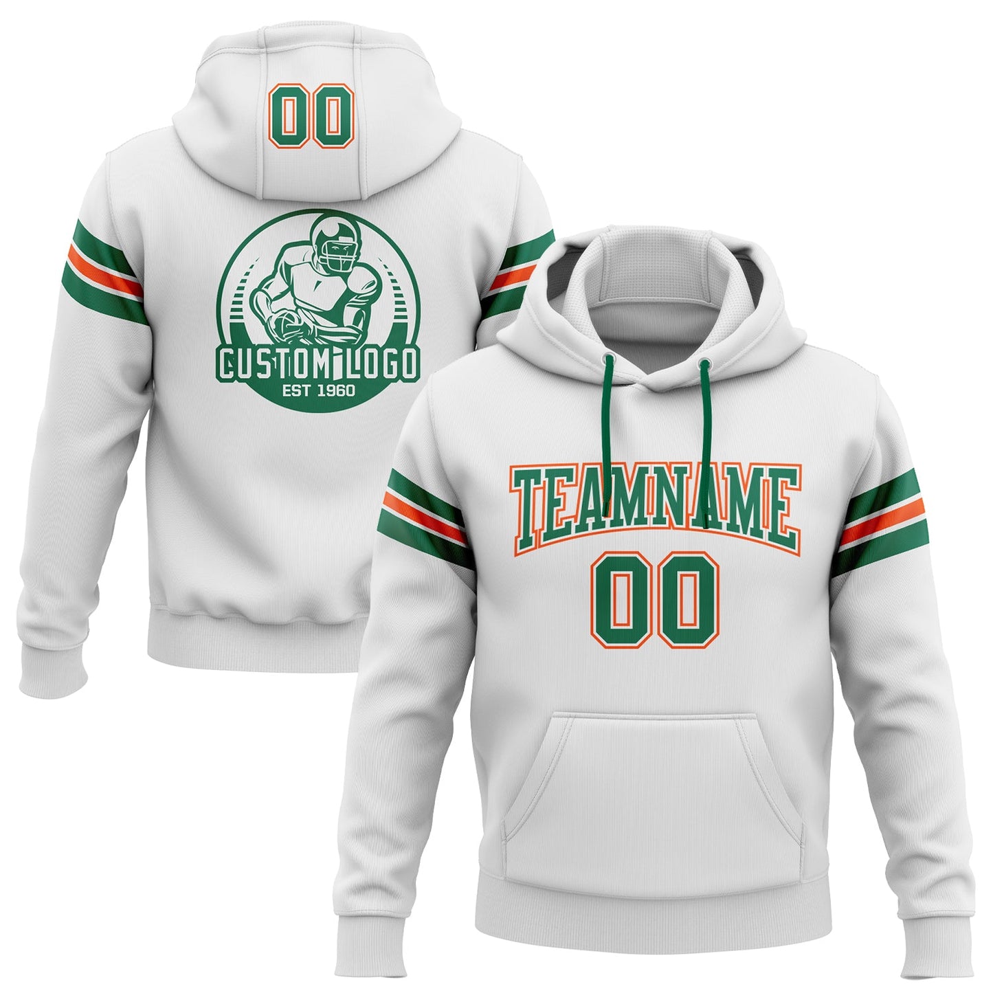 Custom Stitched White Kelly Green-Orange Football Pullover Sweatshirt Hoodie - Main View