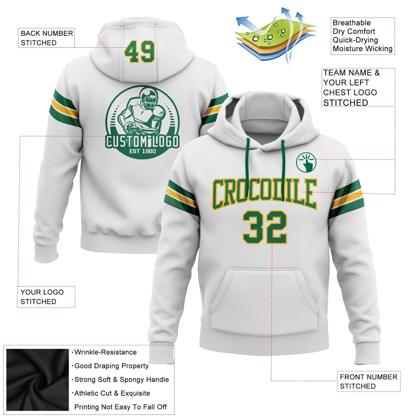 Custom Stitched White Kelly Green-Gold Football Pullover Sweatshirt Hoodie view 2