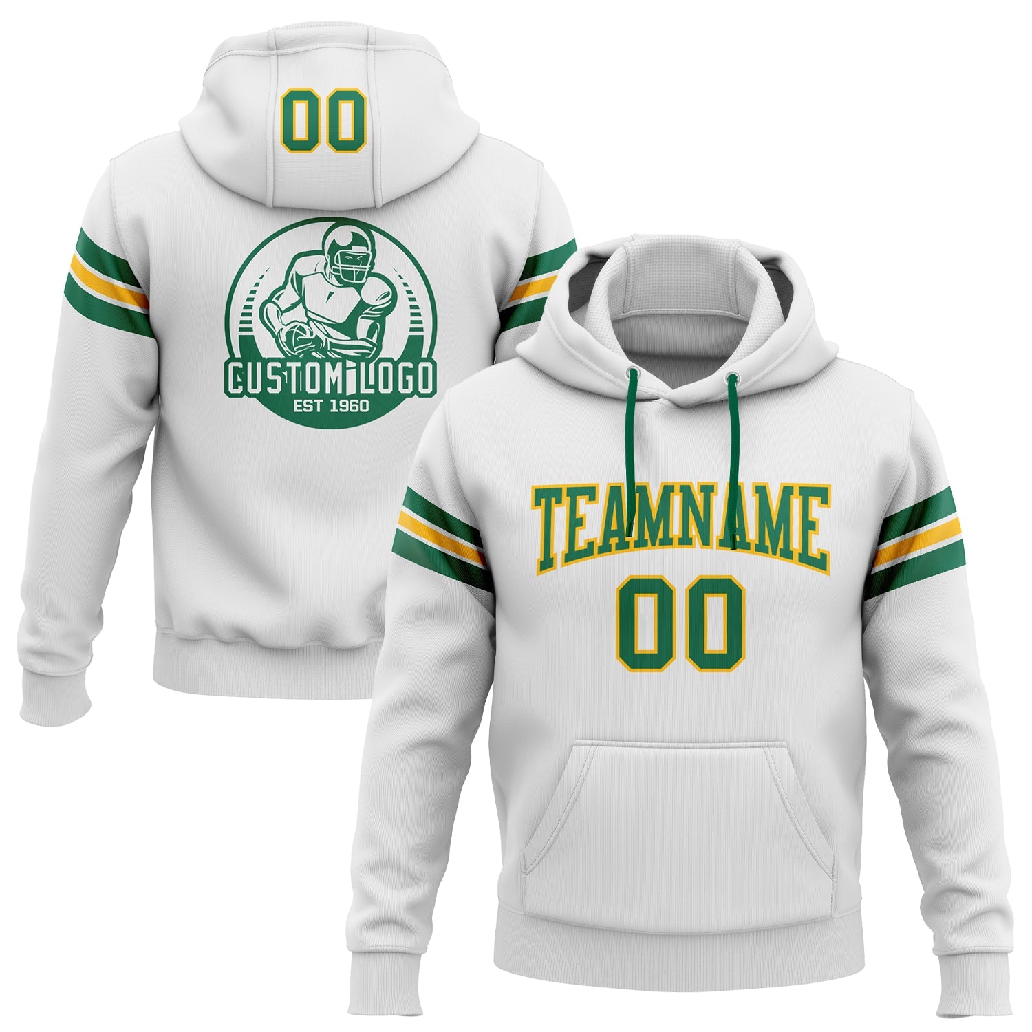 Custom Stitched White Kelly Green-Gold Football Pullover Sweatshirt Hoodie - Main View