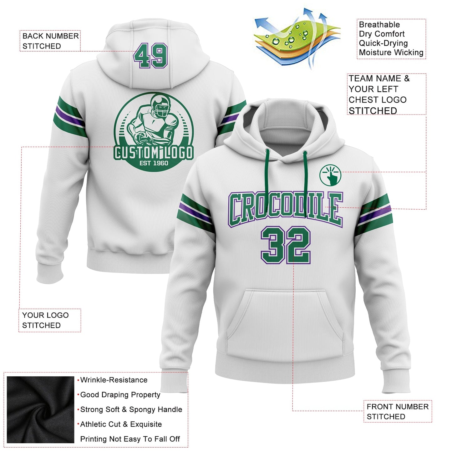 Custom Stitched White Kelly Green-Purple Football Pullover Sweatshirt Hoodie view 2
