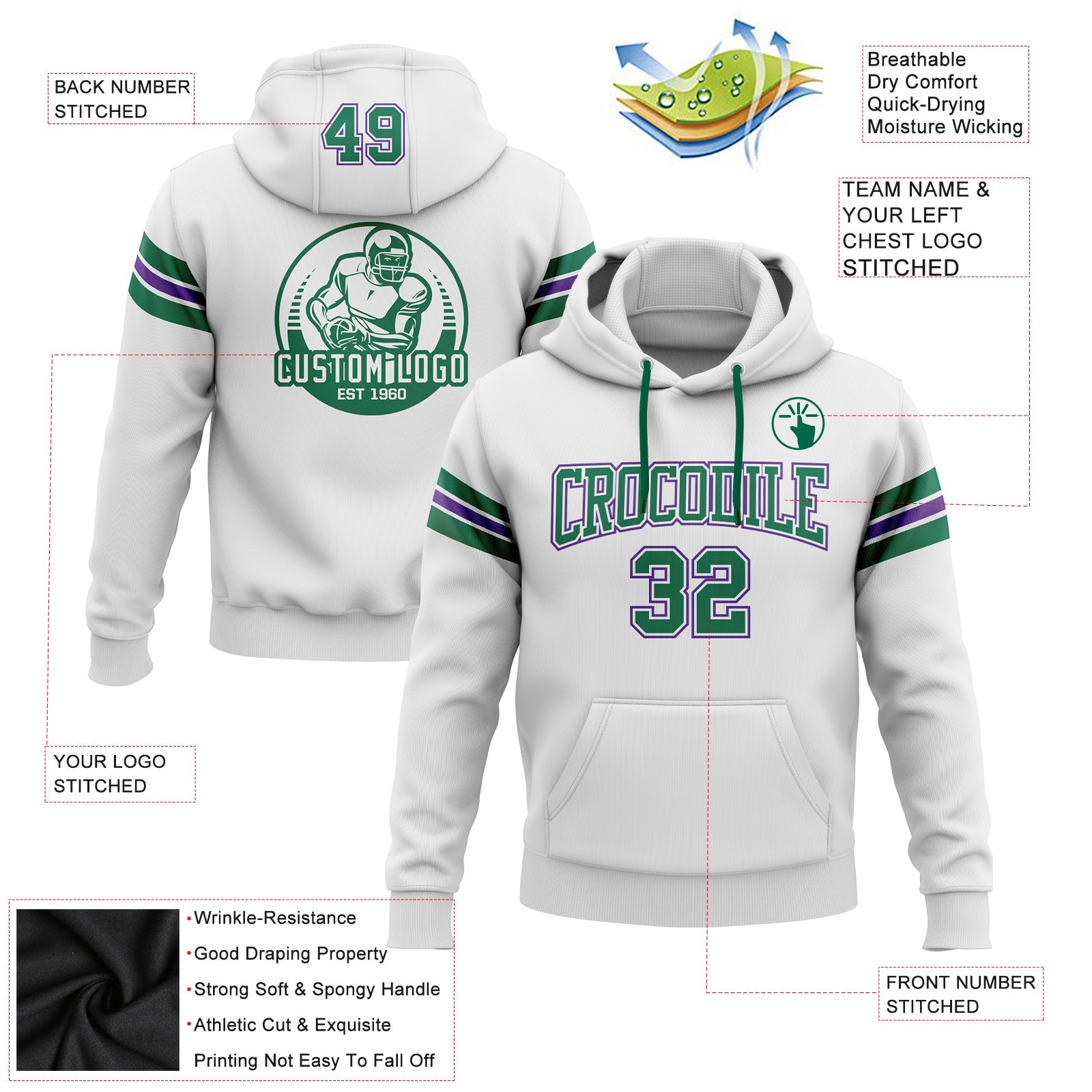 Custom Stitched White Kelly Green-Purple Football Pullover Sweatshirt Hoodie view 2